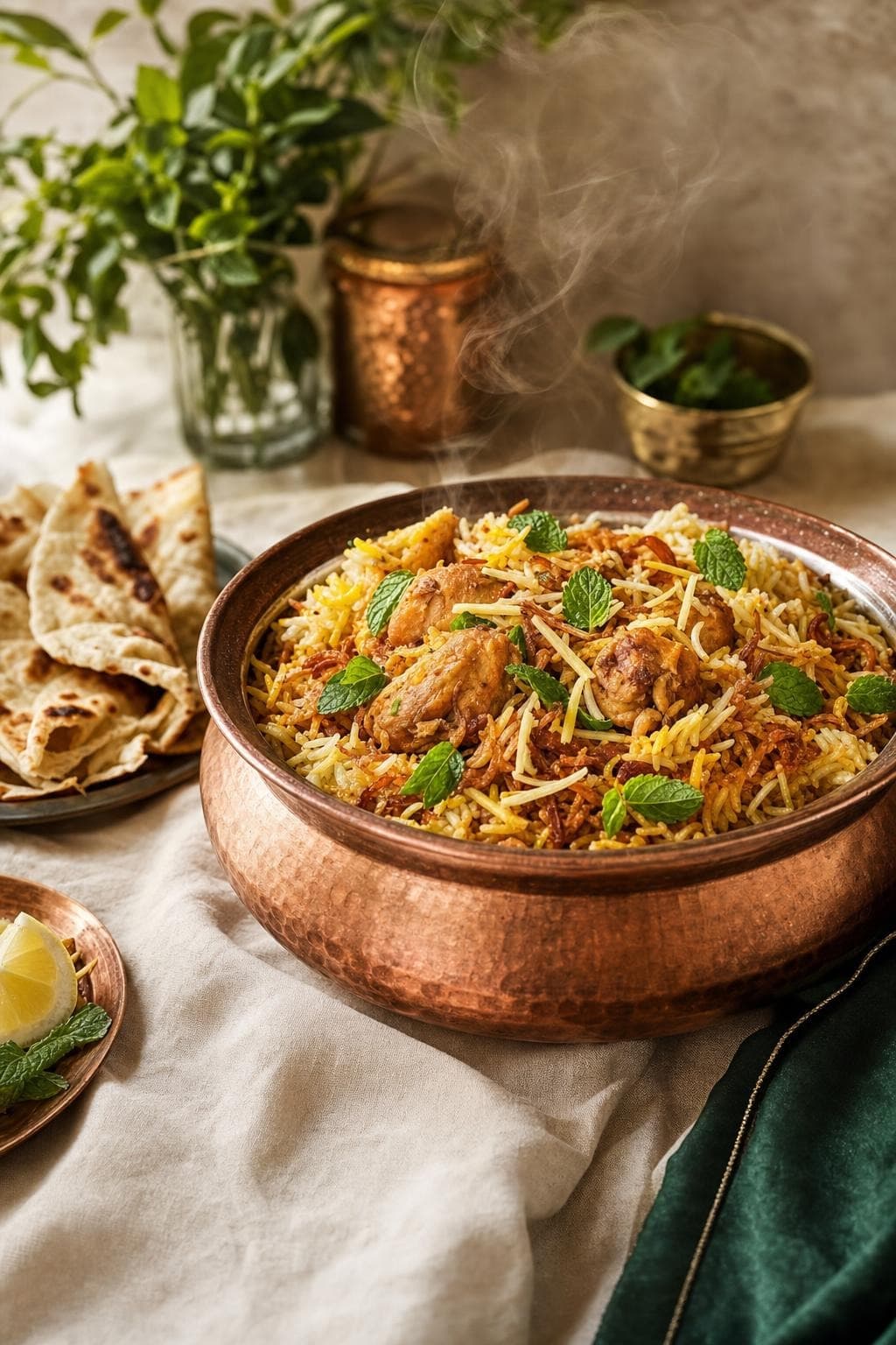 Steaming chicken biryani in a copper handi