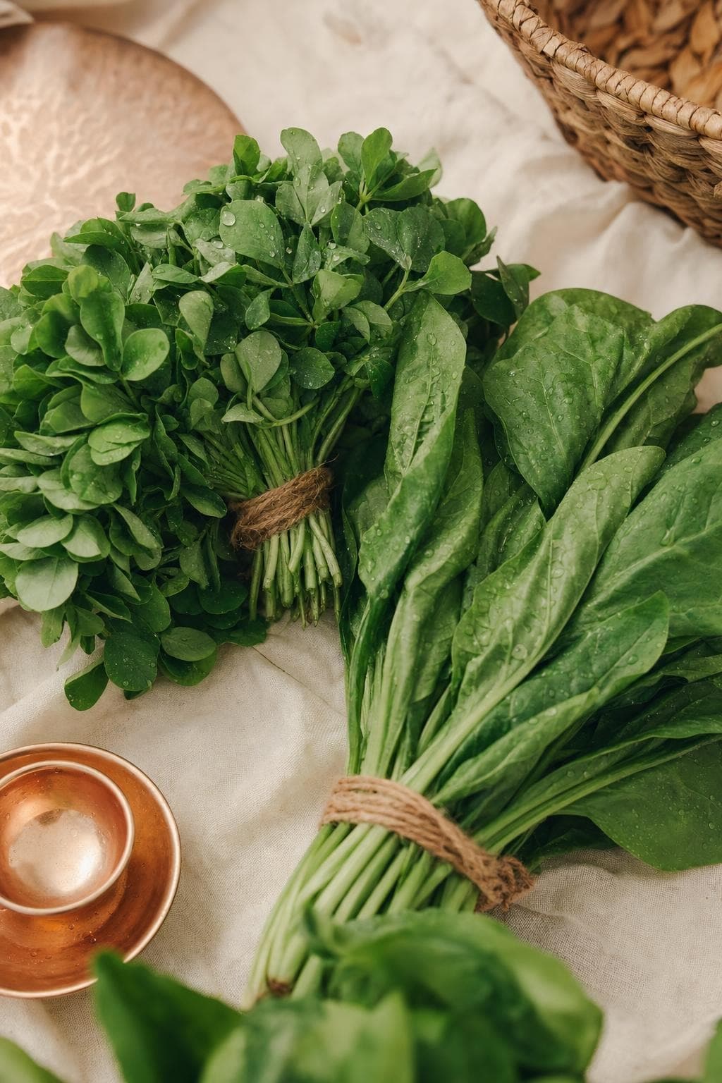 Bundles of fresh methi and spinach tied with twine