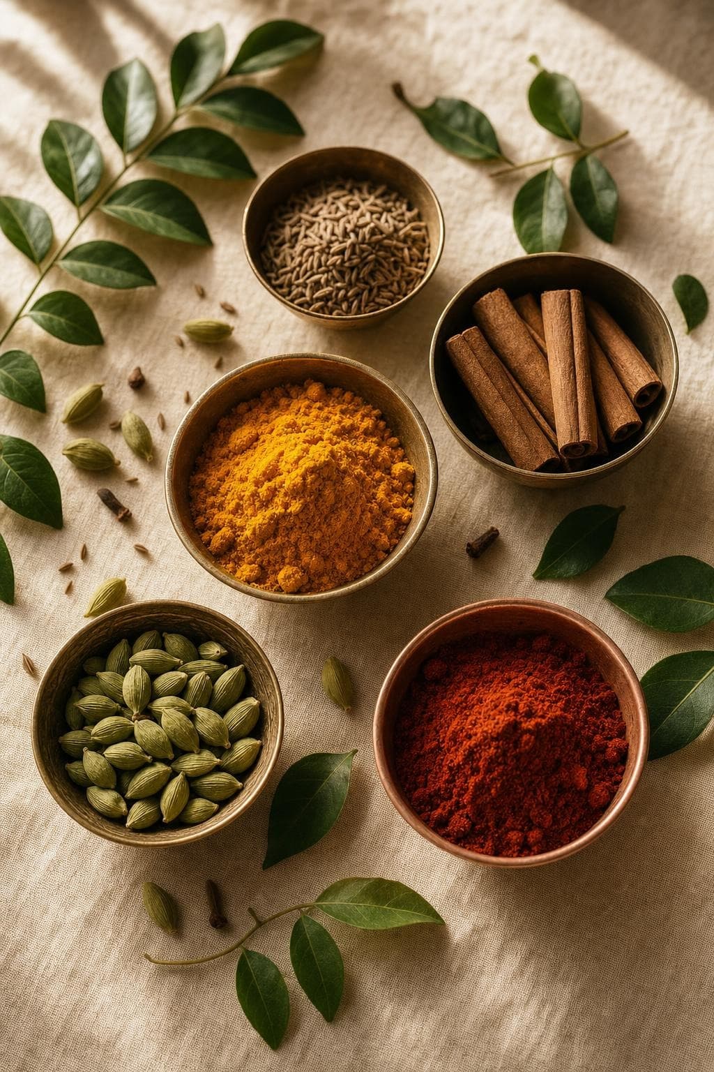 Whole spices in brass bowls on cream linen
